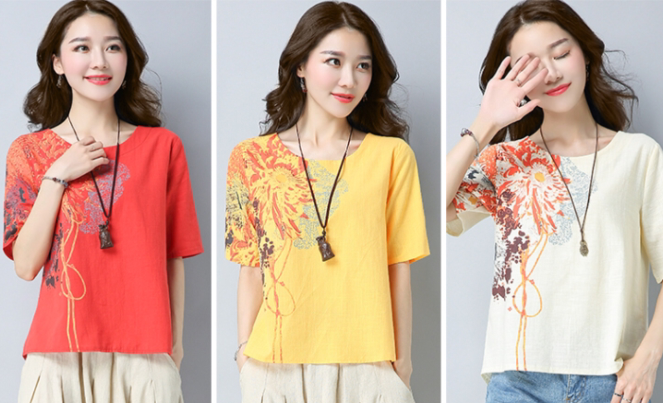 เสื้อผ้าฝ้าย แบบสวมหัว สีครีม ลายสกรีน รหัส HM 28สินค้าพร้อมส่ง