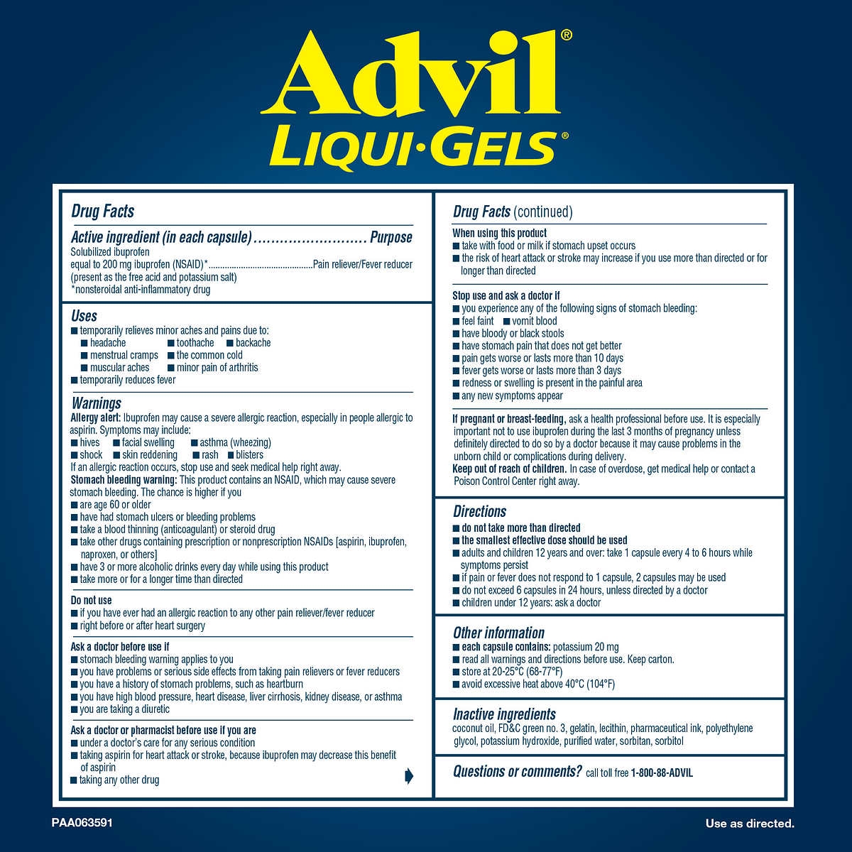 Advil Liqui-Gels 120 Liquid Gels ยาแก้ปวดลดไข้แอดวิล 120 เม็ดเจล หมดอายุ 06/2027