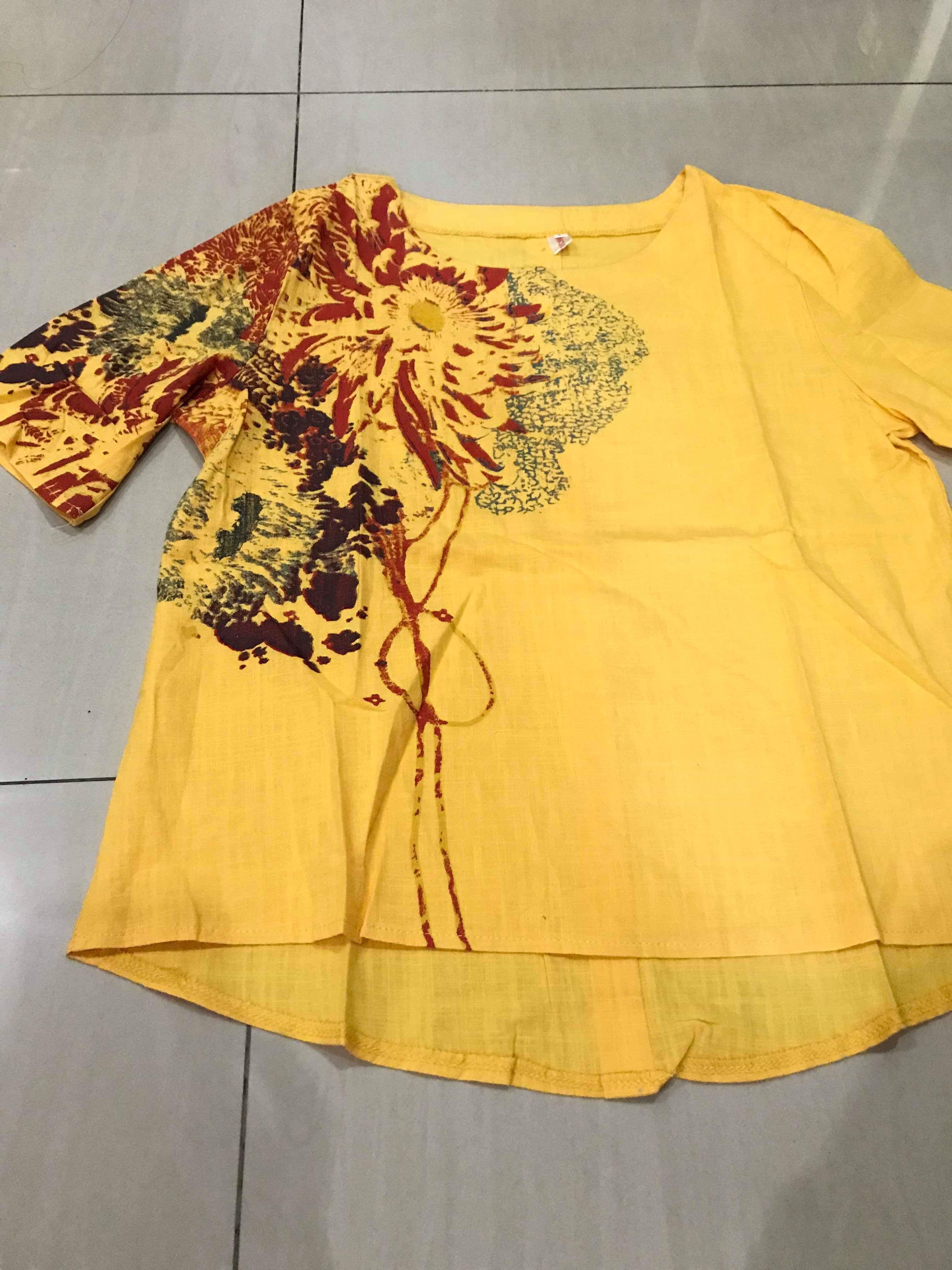 เสื้อผ้าฝ้าย แบบสวมหัว สีเหลืองลายสกรีน รหัส HM 28สินค้าพร้อมส่ง