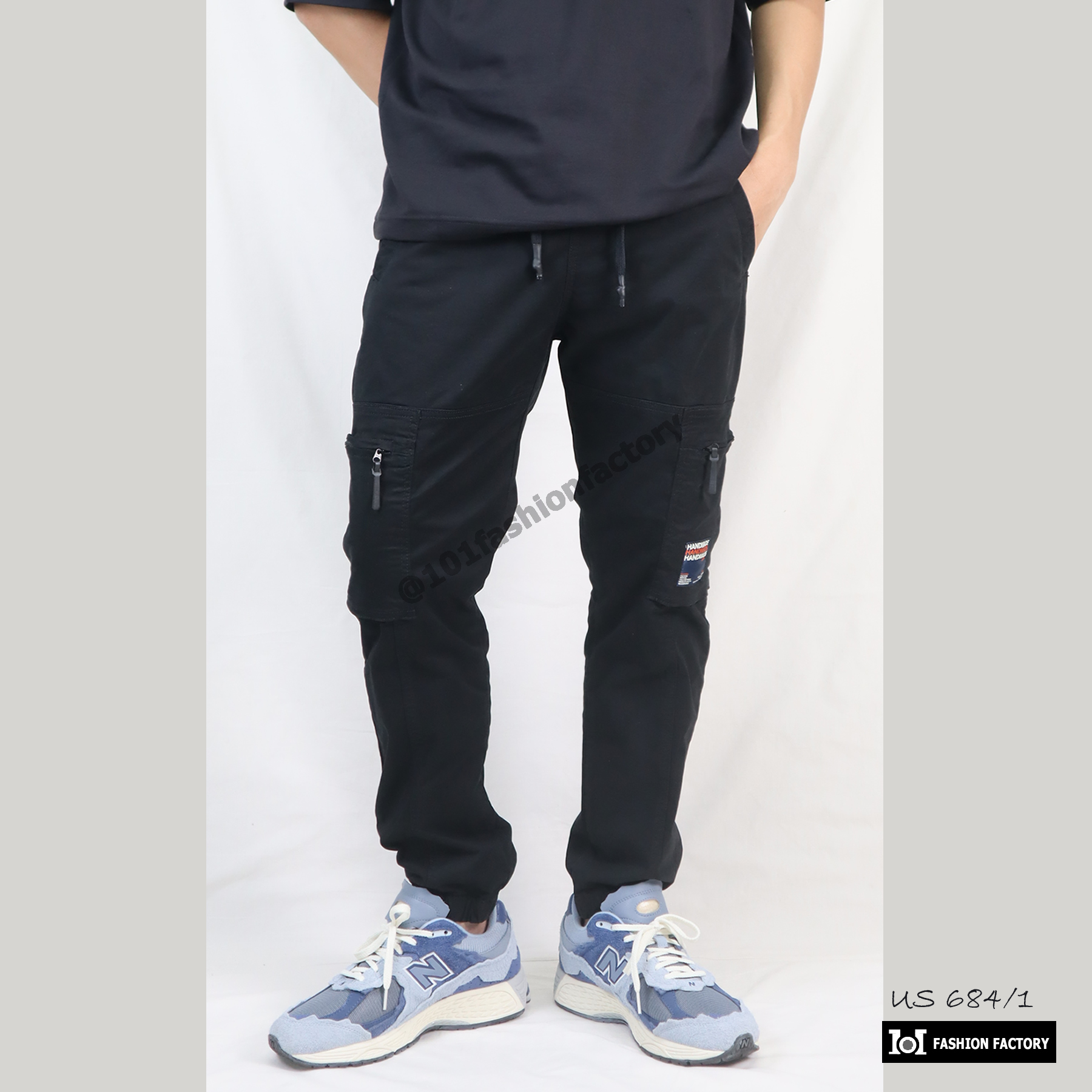 กางเกงคาร์โก้ขาจั้ม No.684/1 ทรงกระบอกเล็กผ้ายืดกระเป๋าข้าง สีดำ | US101