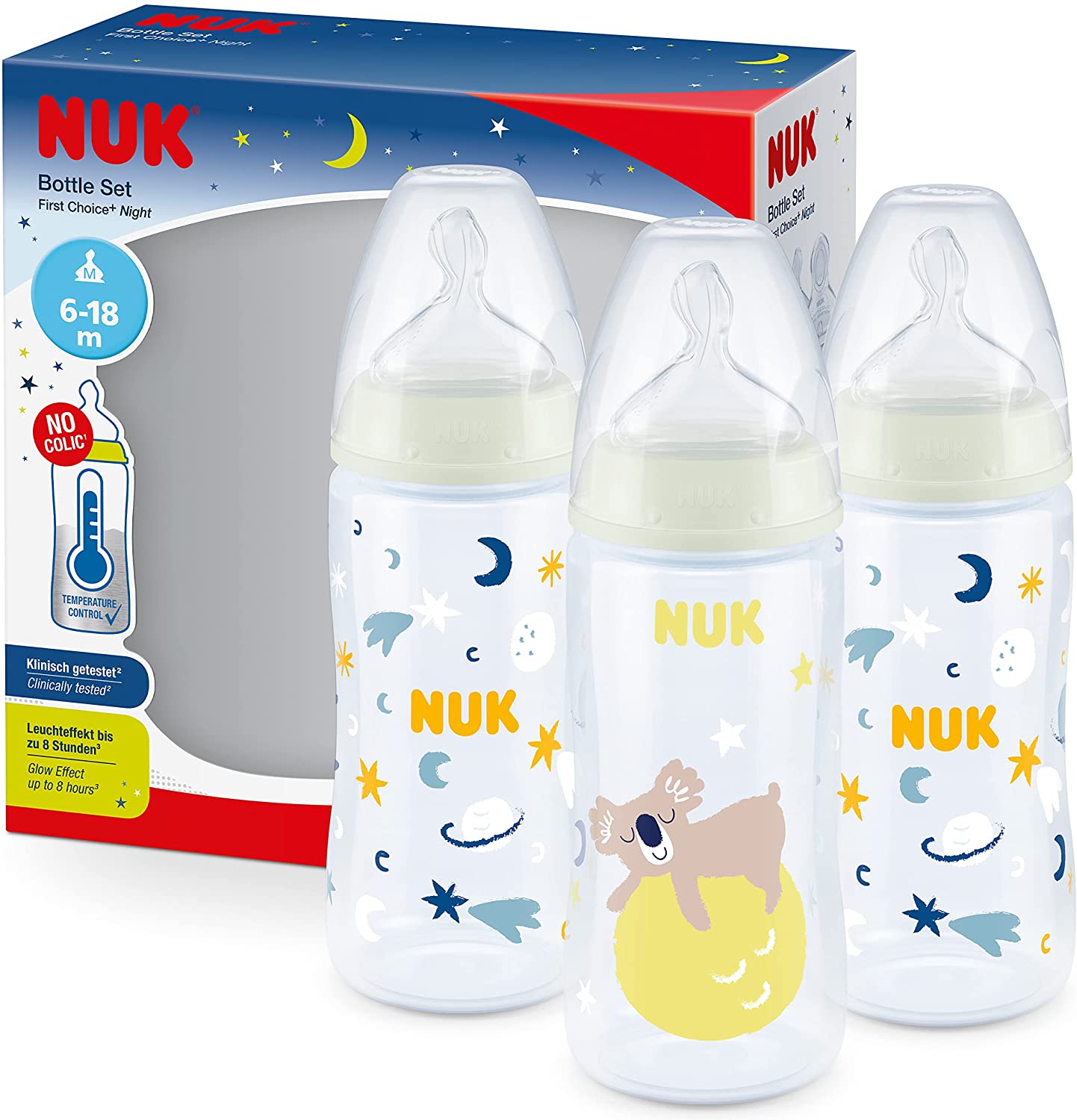 💥เซตแบ่งขาย💥 ขวดนม NUK First Choice+ Night Set of 3 Baby Bottles with Temperature Control, 300 ml, 6-18 Months, (Glow in The Dark) เรืองแสงในที่มืด