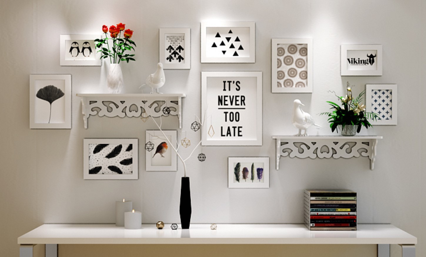 ชุดกรอบรูปติดผนัง White11+ชั้นวาง กรอบรูปไม้สีดำ 11 ชิ้น+ ชั้นวาง พร้อมรูปภาพตามแบบและวัสดุติดตั้ง