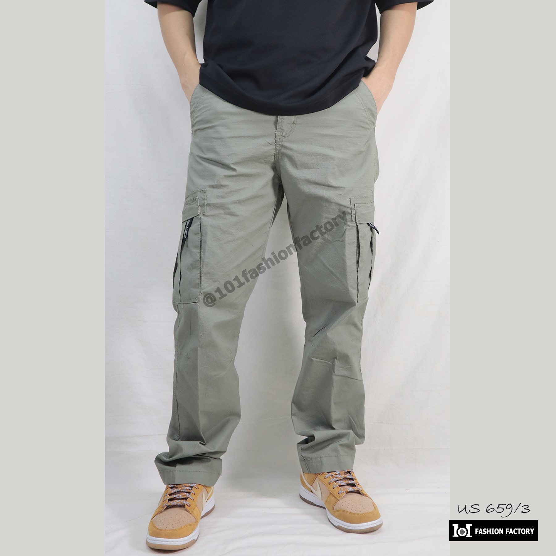 กางเกงคาร์โก้กระเป๋าข้าง NO.659/3 Legular Fit ผ้ากันลมยืดทรงกระบอก สีเขียว | US101