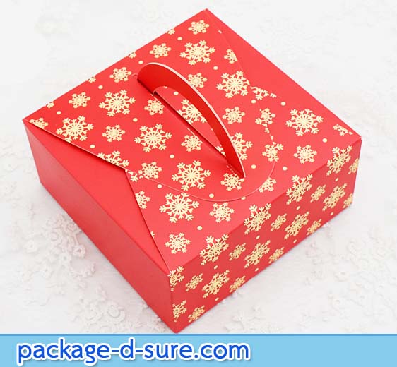 กล่องสี่เหลี่ยมจัตุรัส หูหิ้ว 14x14x6.5 สีแดง ลายเกล็ดหิมะ