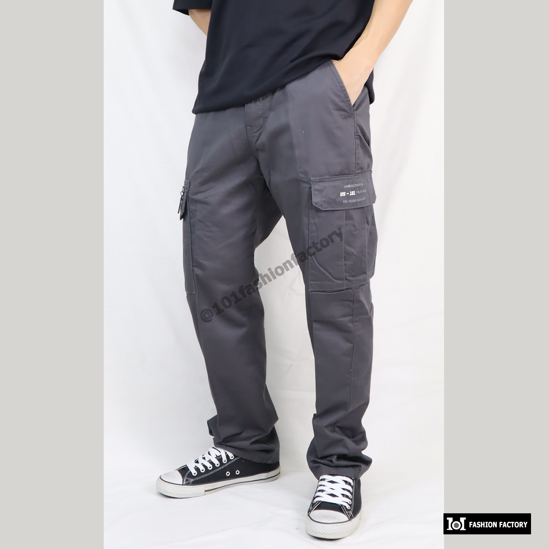 กางเกงคาร์โก้กระเป๋าข้าง NO.707/4 ขาตรงทรงหลวมกระบอกธรรมดา สีเทา | 101FashionFactory