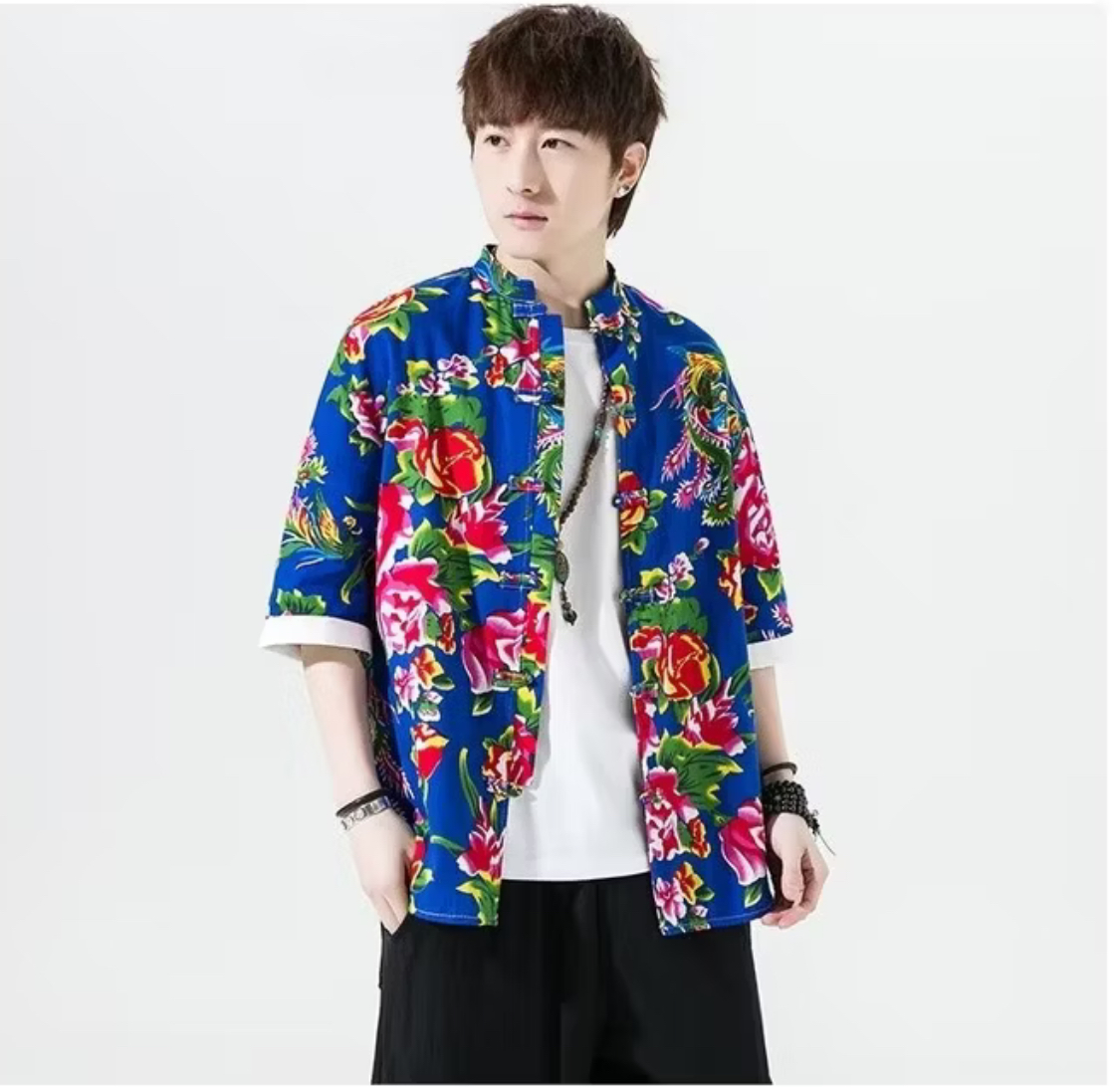 เสื้อจีนชายลายดอกไม้สีน้ำเงิน รหัส 278