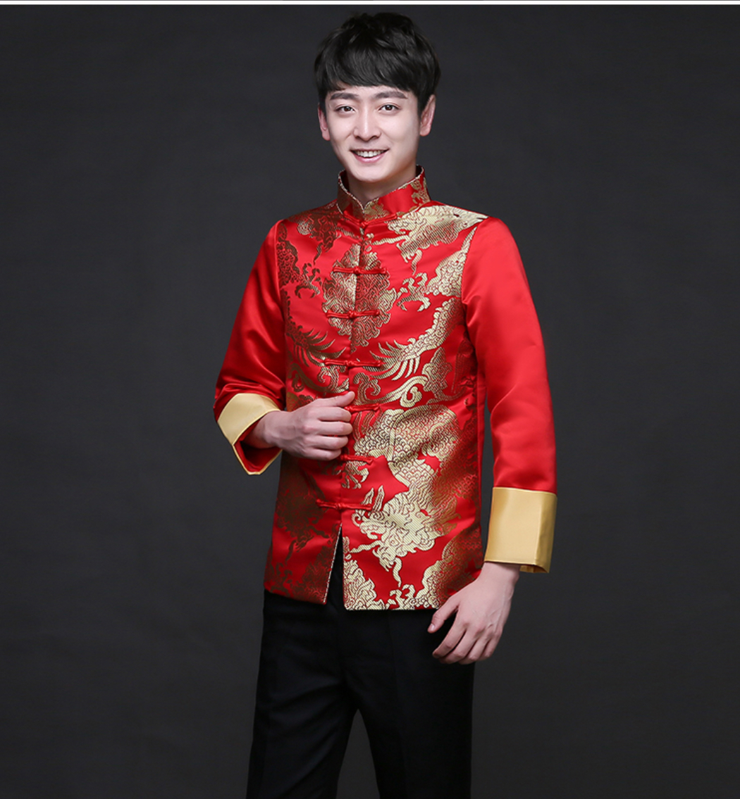 เสื้อจีนผู้ชายสีแดงลายมังกร 2 ด้าน สีทอง ZH135 พร้อมส่ง