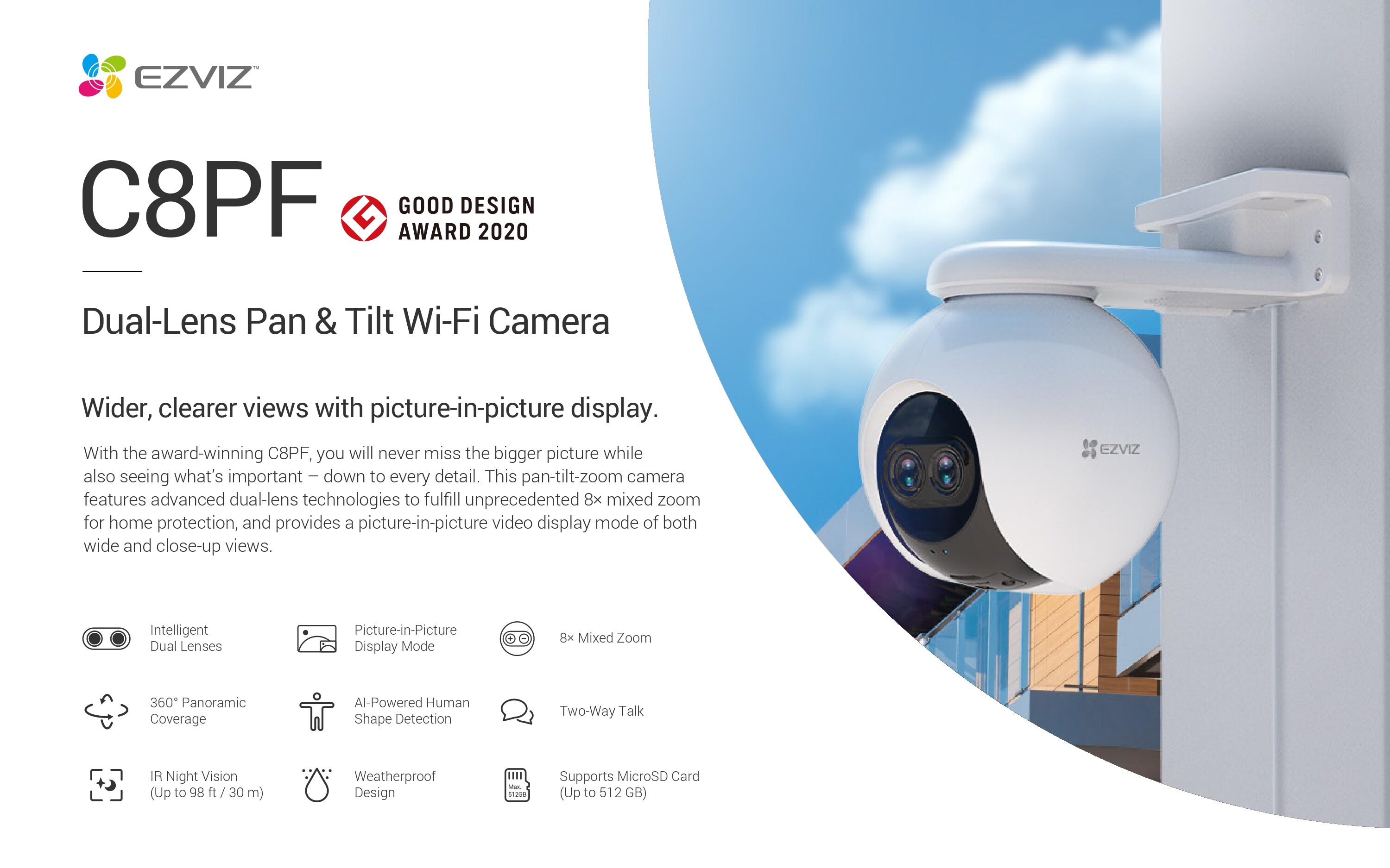C8PF Ezviz 2MP Dual-Lens PT Wi-Fi Camera H.265 พูดคุยโต้ตอบได้ รองรับ เมมโมรี่การ์ดถึง 512 GB