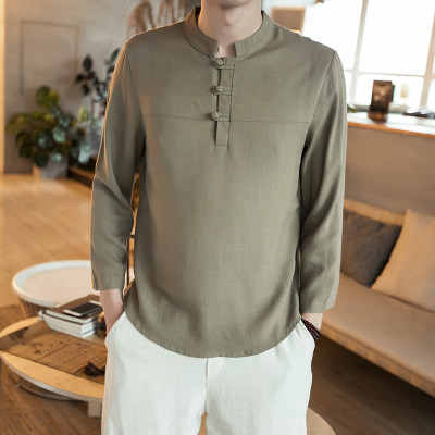 เสื้อผู้ชาย ผ้าลินิน แขนยาว สีน้ำตาลอ่อน รหัส FO 67 สินค้าพร้อมส่ง