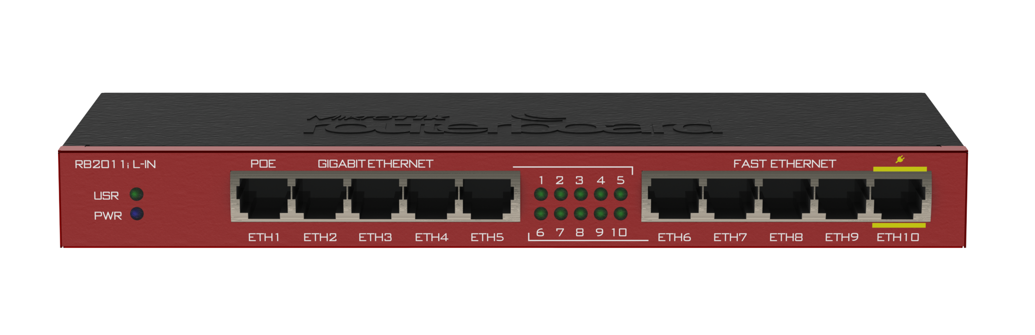 Mikrotik RB2011iL-IN Desktop metal case, 5xEthernet, 5xGigabit Ethernet, PoE out on port 10, 600MHz CPU, 64MB RAM, RouterOS L4