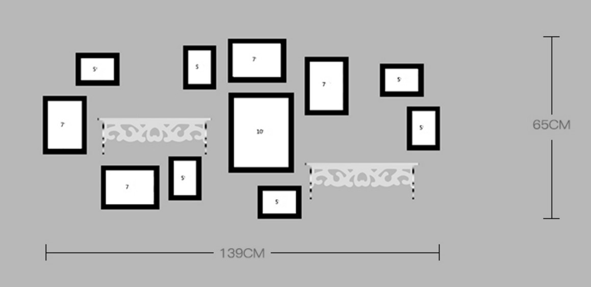 ชุดกรอบรูปติดผนัง White11+ชั้นวาง กรอบรูปไม้สีดำ 11 ชิ้น+ ชั้นวาง พร้อมรูปภาพตามแบบและวัสดุติดตั้ง
