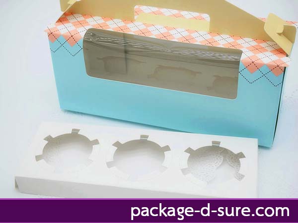 กล่องหูหิ้วคัพเค้ก 3 ชิ้น 24x9x10 สีฟ้าลายชมพู