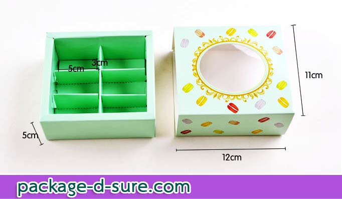 โปรโมชั่น//กล่องมาการองสี่เหลี่ยม 6 ชิ้น แยก 2 ชิ้น 12x11x 5 สีเหลือง ลายมาการอง