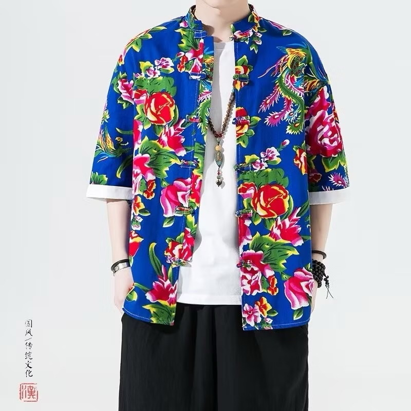 เสื้อจีนชายลายดอกไม้สีน้ำเงิน รหัส 278