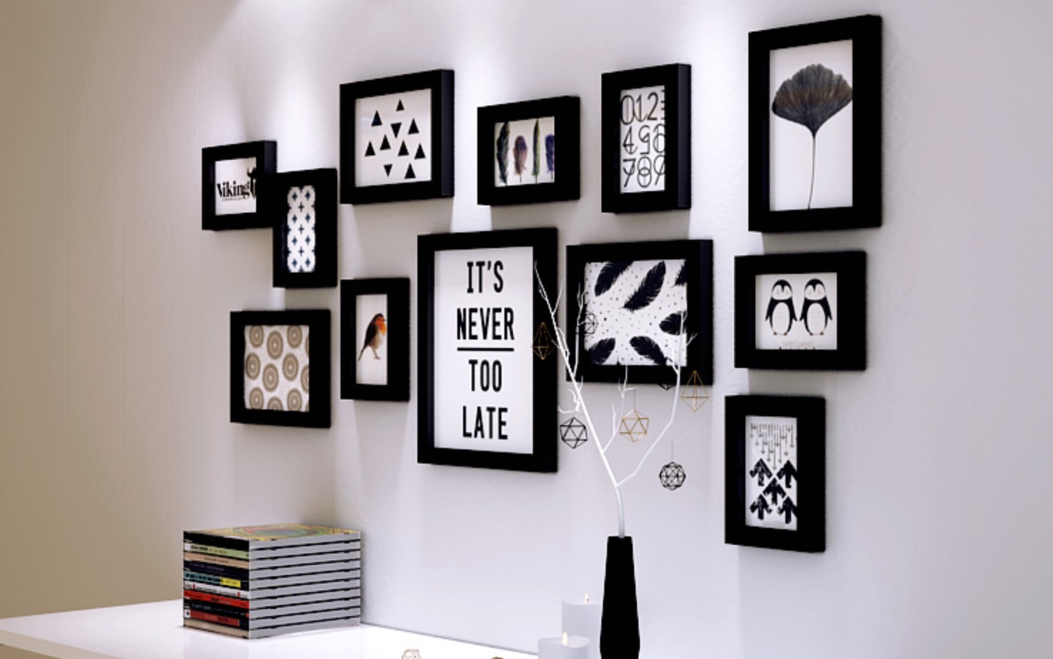 ชุดกรอบรูปติดผนัง Black 12 กรอบรูปไม้สีดำ 12 ชิ้น พร้อมรูปภาพตามแบบและวัสดุติดตั้ง