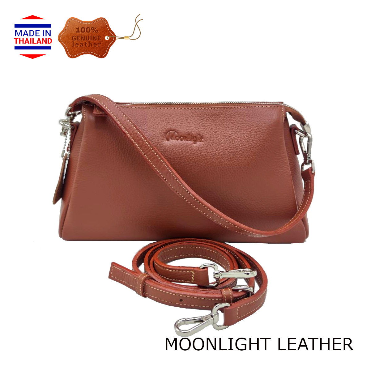 กระเป๋าสะพายหนังแท้ MOONLIGHT รุ่น Ashly สีน้ำตาลอ่อน ทำจากหนังวัวฟอกสะท้อนน้ำ ไม่ลอกร่อน มีสายสั้น-ยาว ยิ่งใช้ยิ่งสวย