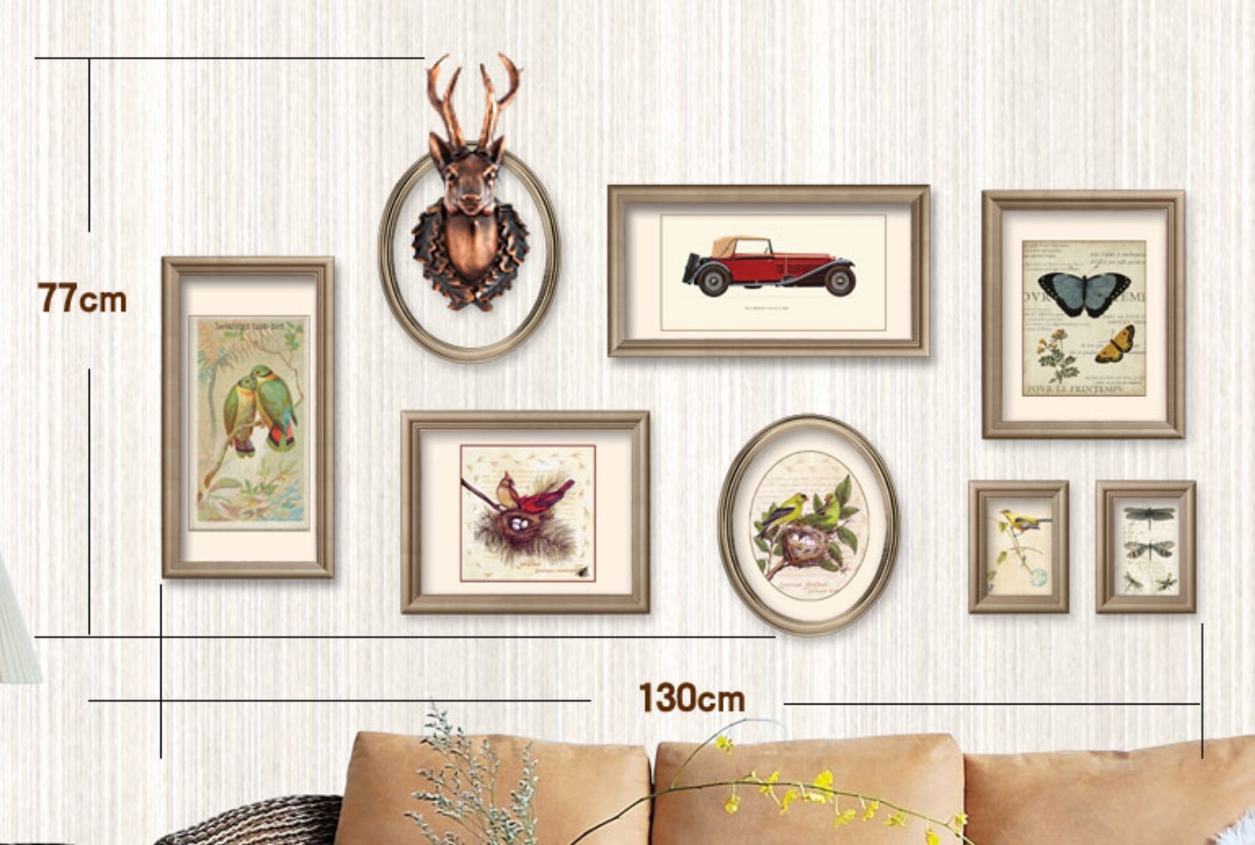 ชุดกรอบรูปติดผนัง Deer Model : กรอบรูปไม้ 8 ชิ้น+หัวกวาง พร้อมรูปภาพตามแบบและวัสดุติดตั้ง