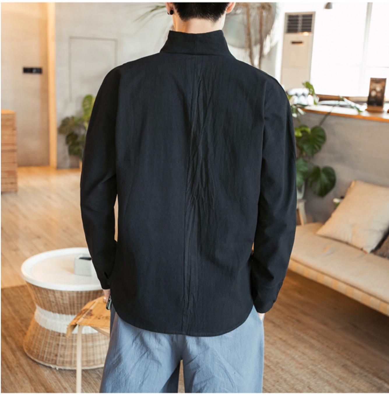 เสื้อจีนชาย ผ้าฝ้าย สีดำ คอป้าย รหัส A79 สินค้าพร้อมส่ง