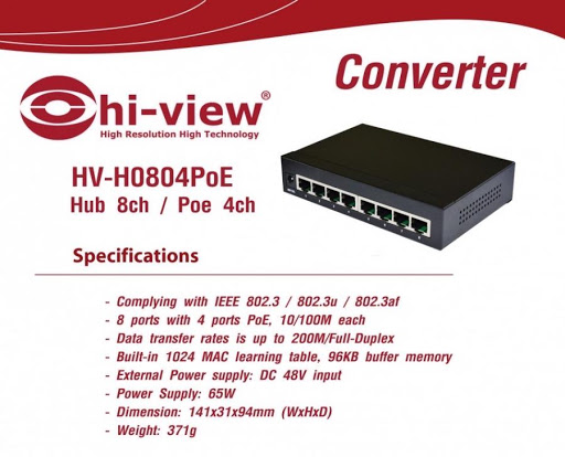 Hi-View HV-H0804Poe สวิทช์ฮับ 8 พอร์ต / 4 พอร์ต Poe