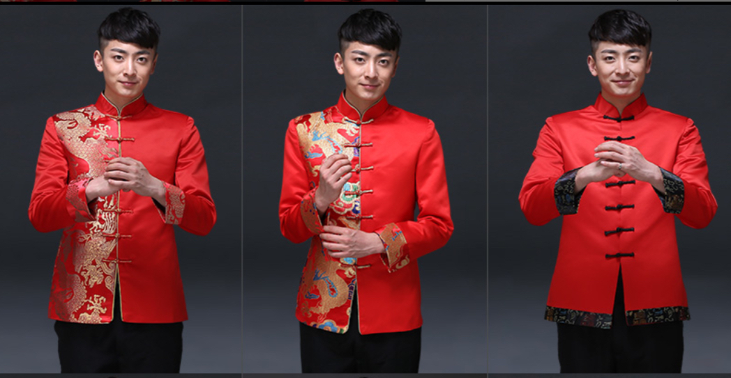 เสื้อจีนผู้ชายสีแดงลายมังกร สีทอง ZH135