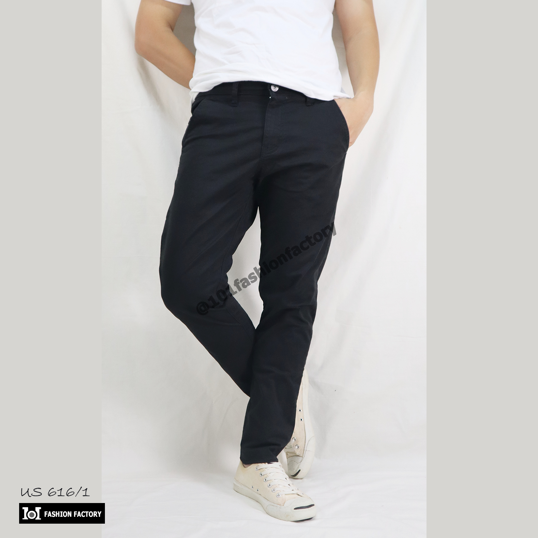 ขาเดฟชาย US616/4 กางเกงขายาวผ้ายืดคอตตอน ทำงาน+เที่ยว สีดำ |US101