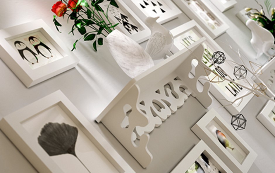 ชุดกรอบรูปติดผนัง White11+ชั้นวาง กรอบรูปไม้สีดำ 11 ชิ้น+ ชั้นวาง พร้อมรูปภาพตามแบบและวัสดุติดตั้ง