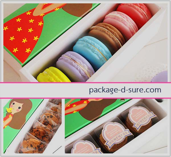 โปรโมชั่น//กล่องมาการองใส่ 6 ชิ้น 7x18.8x5.3 สีฟ้า ลายเด็กหญิงนั่ง