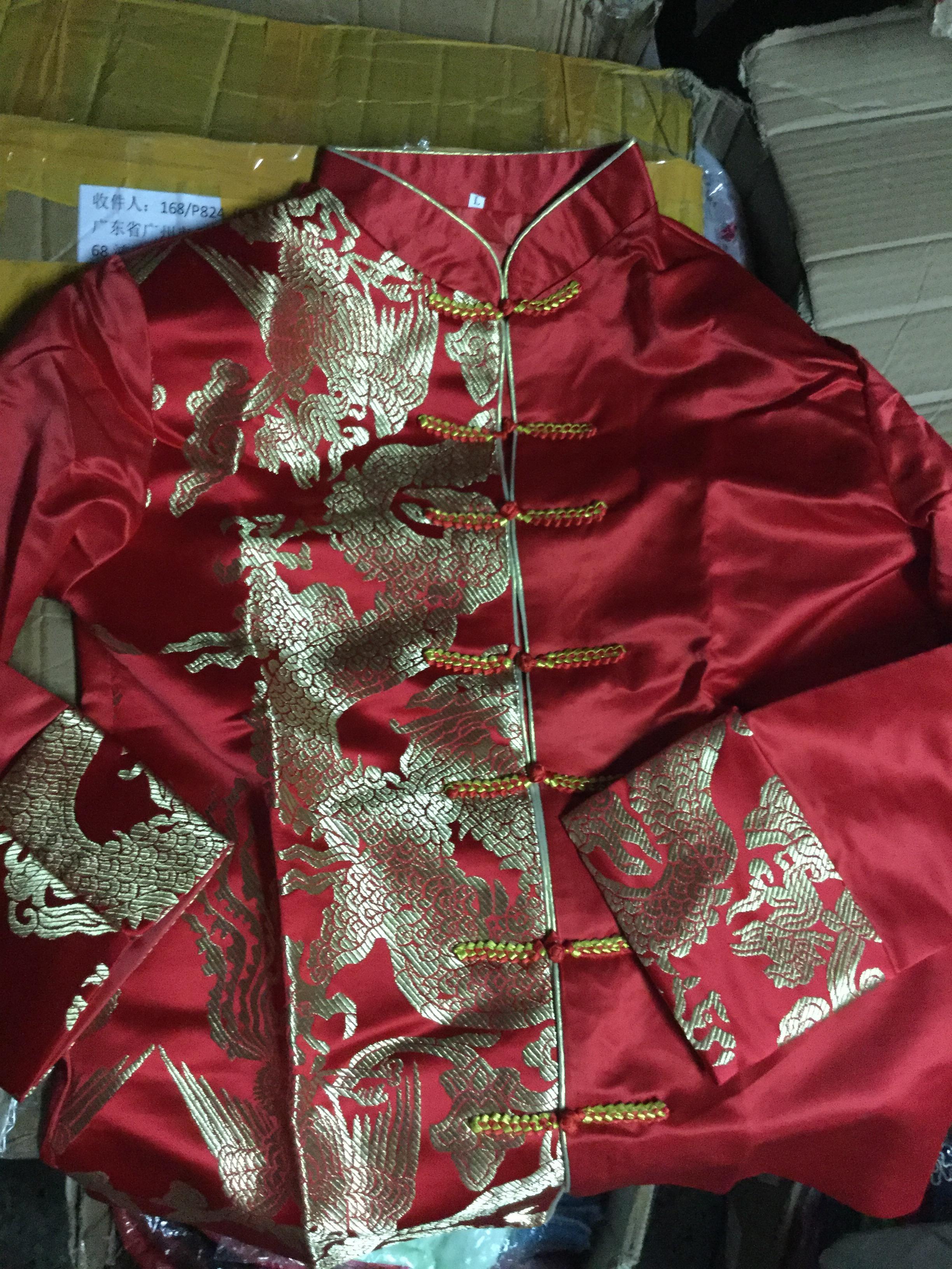 เสื้อจีนผู้ชายสีแดงลายมังกร สีทอง ZH135