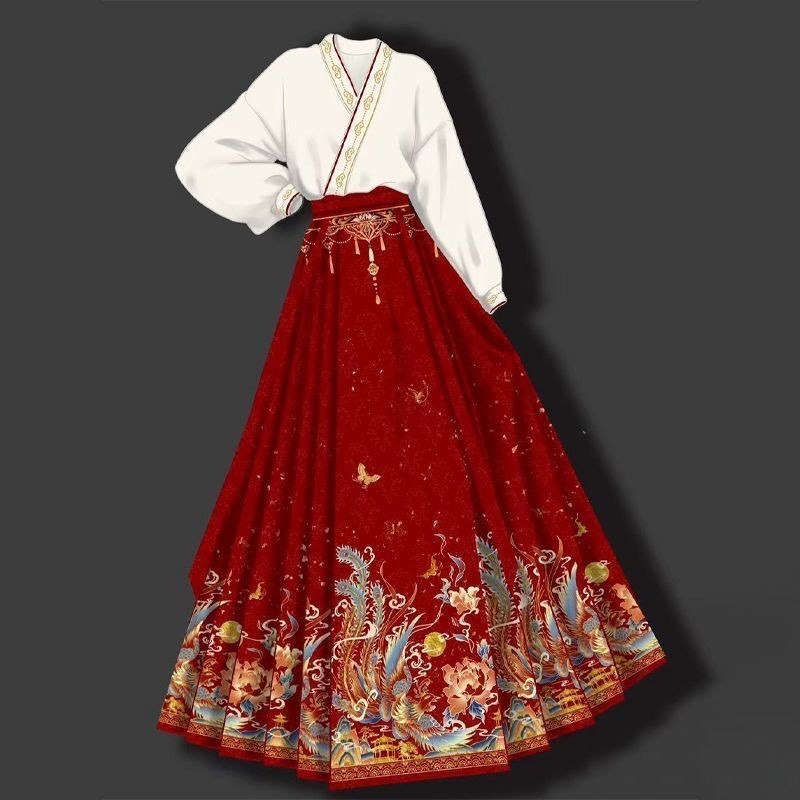 สินค้า กระโปรงหม่าเมี่ยนยาว สีแดง เอวซิป 37“ รหัส446