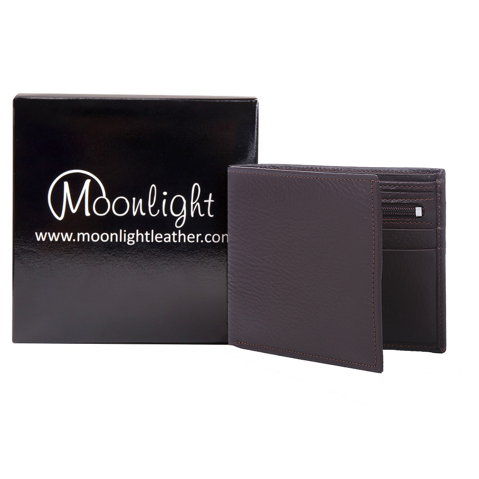 กระเป๋าสตางค์หนังวัวแท้ สำหรับผู้ชาย แบรนด์ Moonlight รุ่น Boss สีน้ำตาลเข้ม สวย ทน เบาบาง นิ่มมาก พร้อมกล่องเป็นของขวัญได้