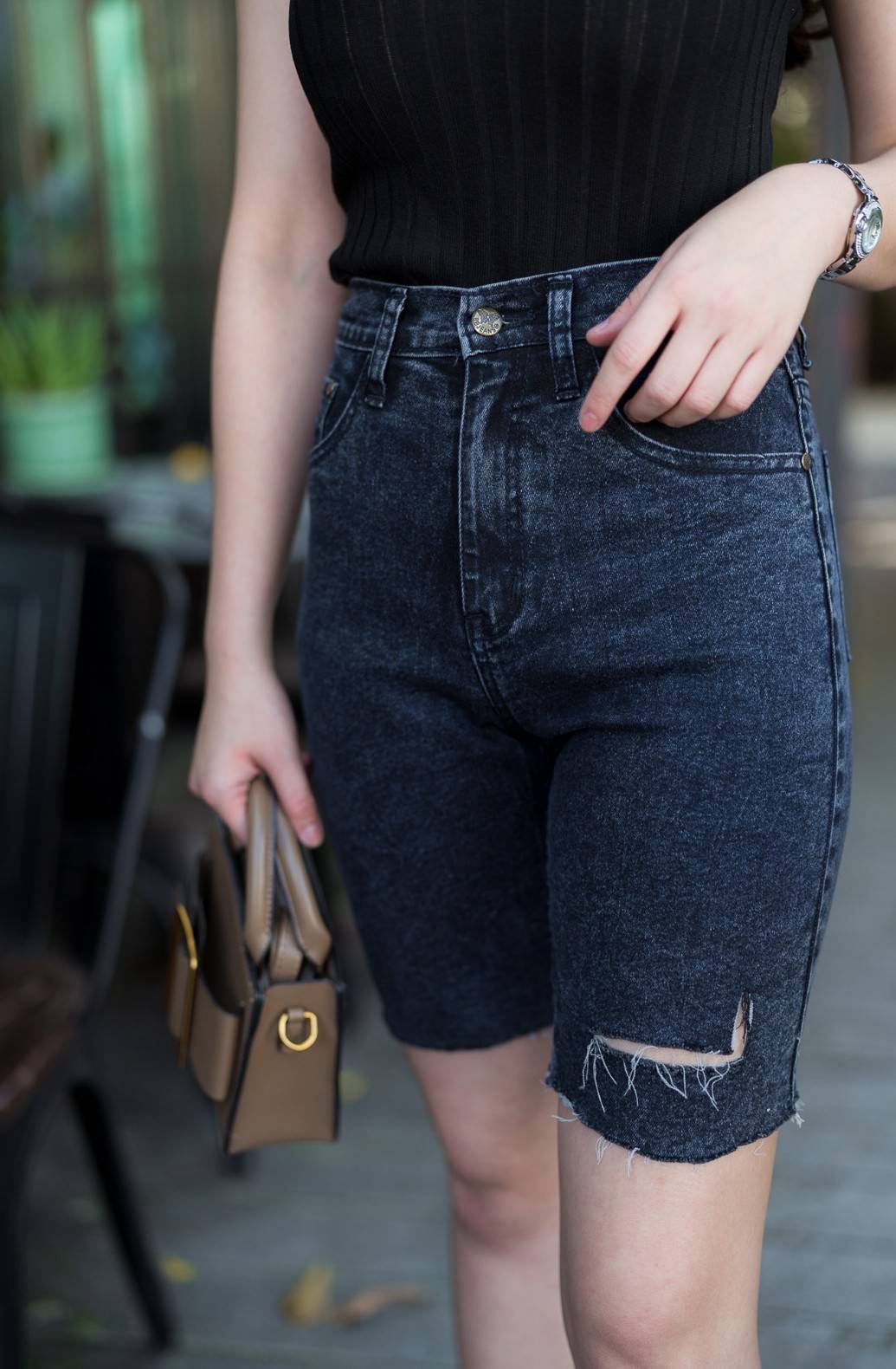 กางเกงยีนส์ 3 ส่วน สีดำ ปาดข้าง-BB19