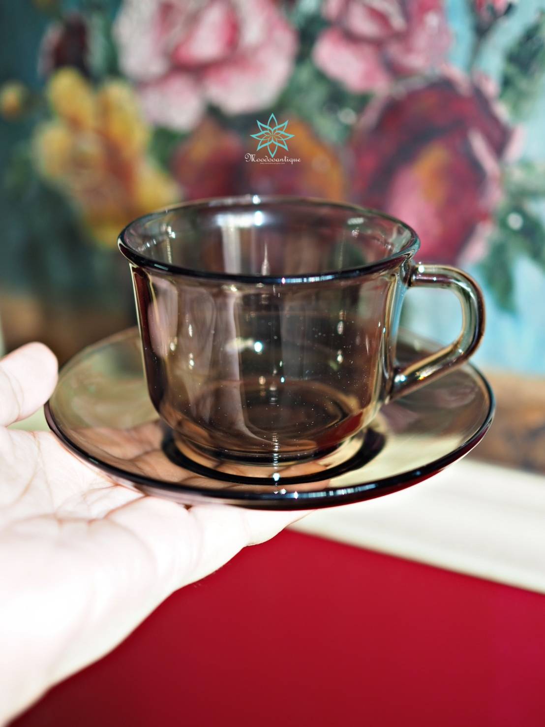 ชุดจาน + ชุดกาแฟ แบรนด์ Vintage Arcoroc France สีควันบุหรี่