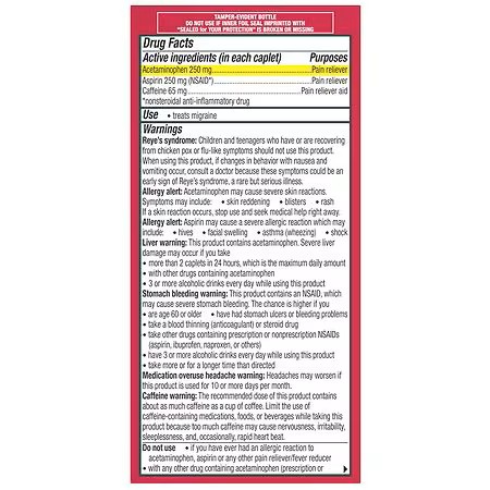 Excedrin Migraine 100 เม็ด ยาบรรเทาอาการไมเกรน วิงเวียนศรีษะ คลื่นไส้ หมดอายุ 06/2027