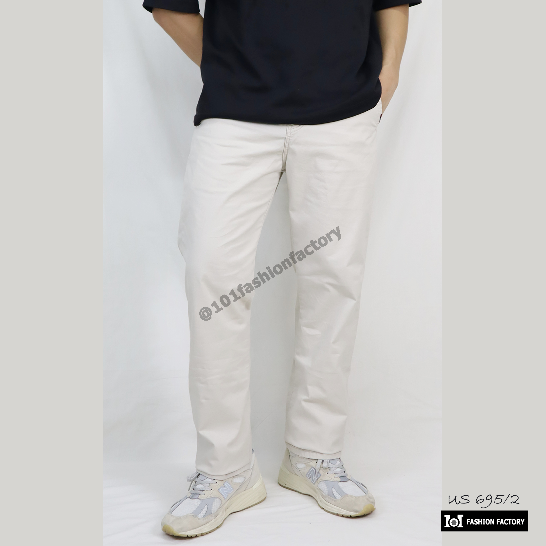 กางเกงขายาวทรงกระบอก NO.695/2 สไตล์คลาสลิคผ้ายืดคอตตอนทวิล สีครีม | US101
