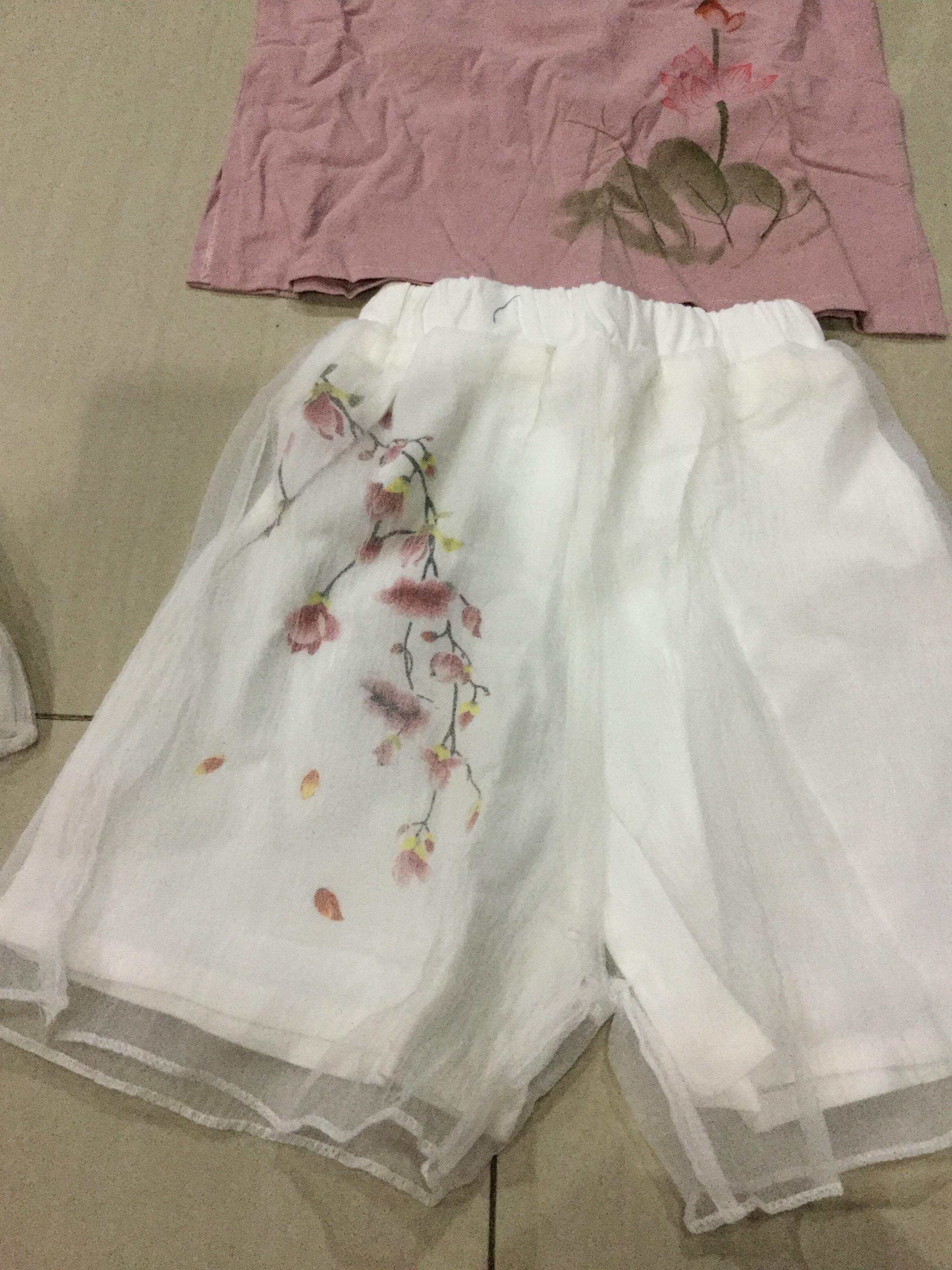 ชุดเสื้อชมพู+กางเกงขาว ผ้าฝ้าย ผ้าลินิน รหัส GP 58 สินค้าพร้อมส่ง