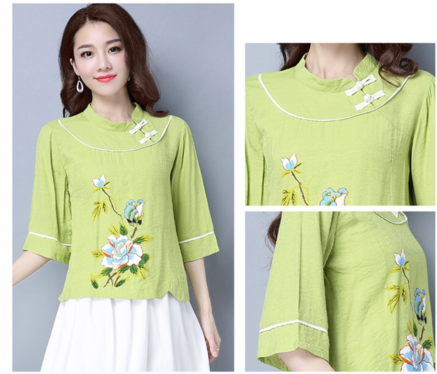 เสื้อสีเขียว ผ้าฝ้ายลายพิมพ์ปลายเสื้อ รหัส LG 57 สินค้าพร้อมส่ง