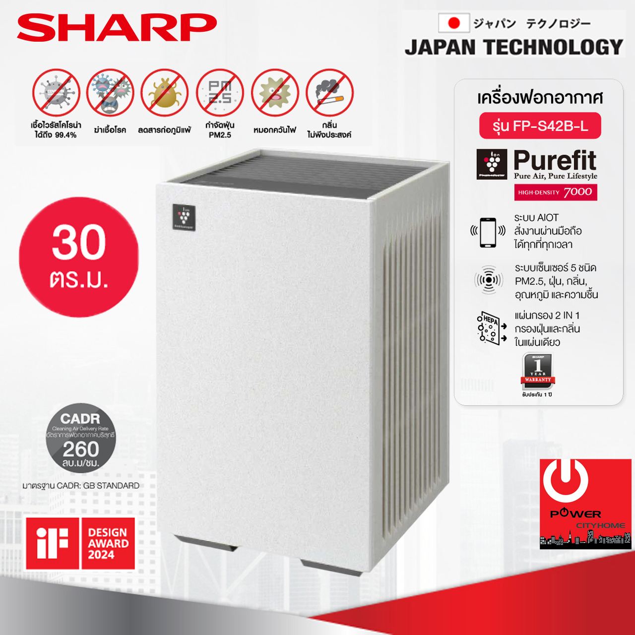 SHARP เครื่องฟอกอากาศ (ครอบคลุมพื้นที่ 30 ตร.ม.) แผ่นกรอง HEPA รุ่น FP-S42 ควบคุมการทำงานผ่านมือถือได้ทุกที่ทุกเวลา