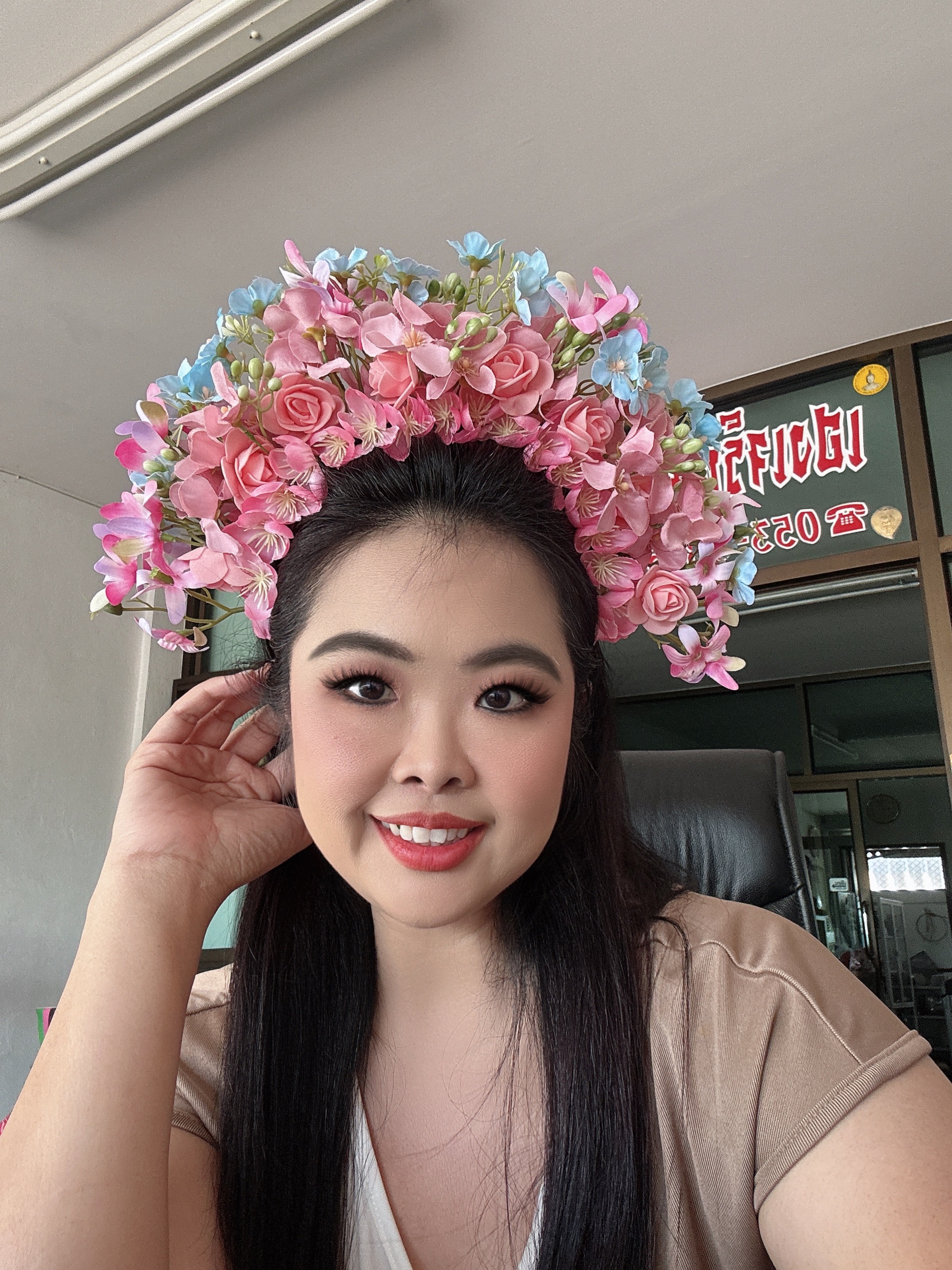 ที่คาดผมดอกไม้สีชมพู+ฟ้า ใส่ได้ทั้งเด็ก ละผู้ใหญ่