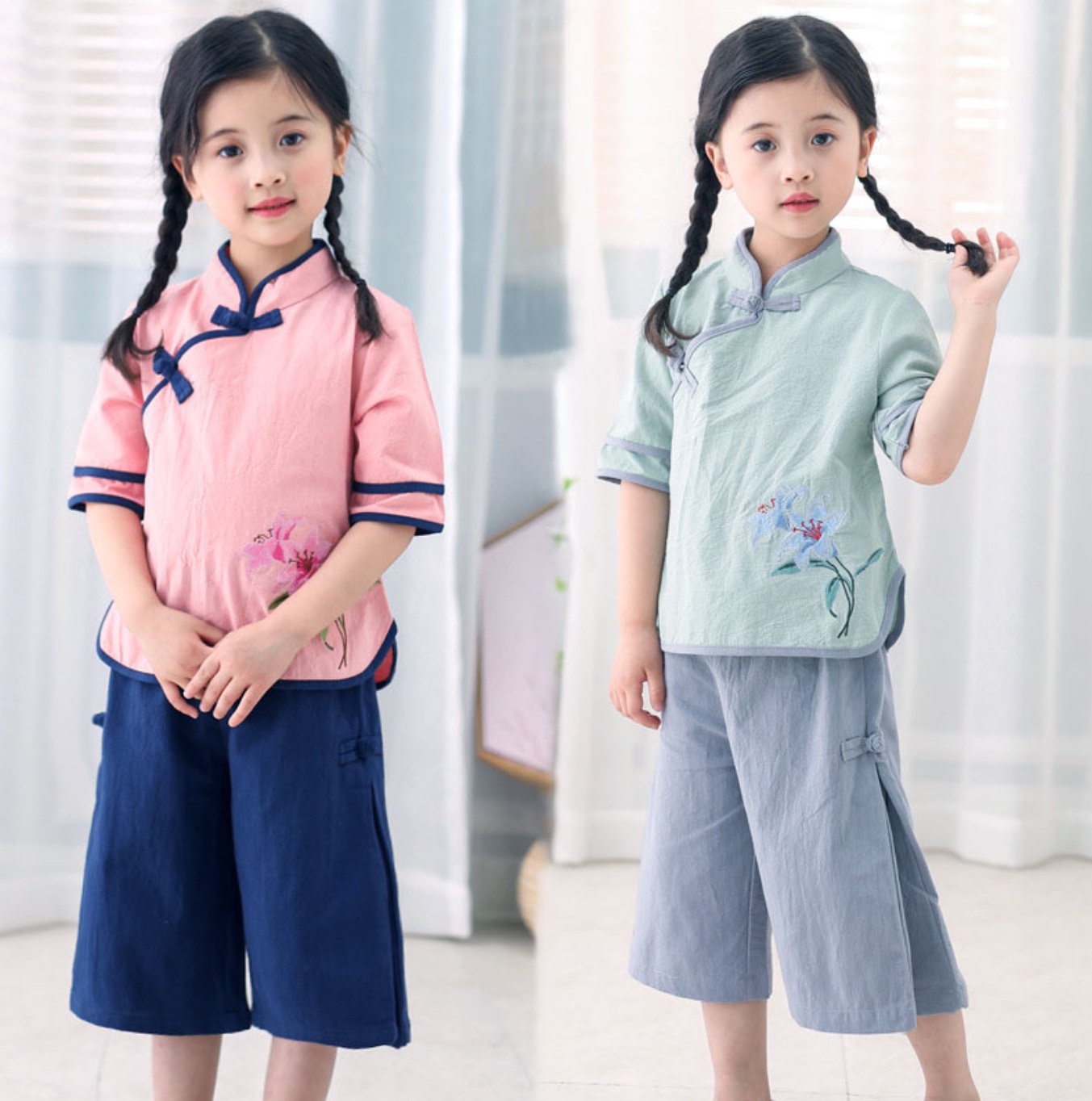 ชุดเสื้อเขียว+กางเกงเทา ผ้าฝ้าย รหัส PE 58 สินค้าพร้อมส่ง