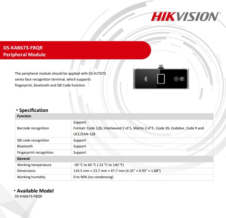 fingerprint & bluetooth & QR Code module ใช้กับเครื่องรุ่น DS-K1T673 Hikvision model DS-KAB673-FBQR