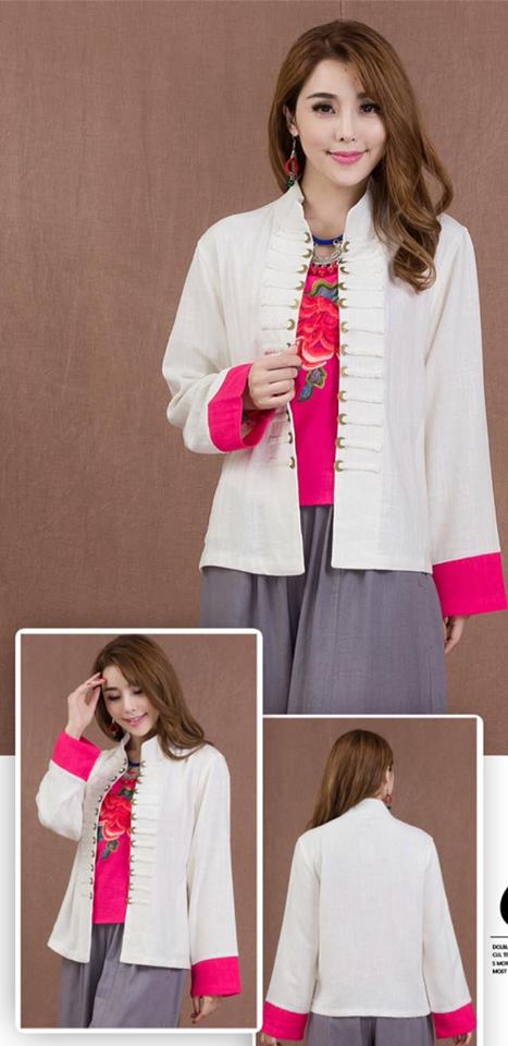 เสื้อจีนผู้หญิงสีขาว แขนชมพู S149
