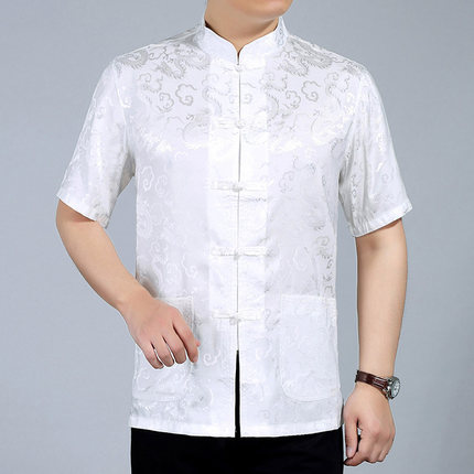 เสื้อคอจีนผู้ชายสีขาวลายมังกร รหัส JC98