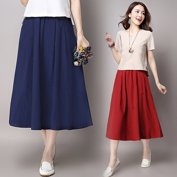 กระโปรงผ้าฝ้าย สีแดง / สีน้ำเงิน / สีครีม. รหัส VA 43 สินค้าพร้อมส่ง