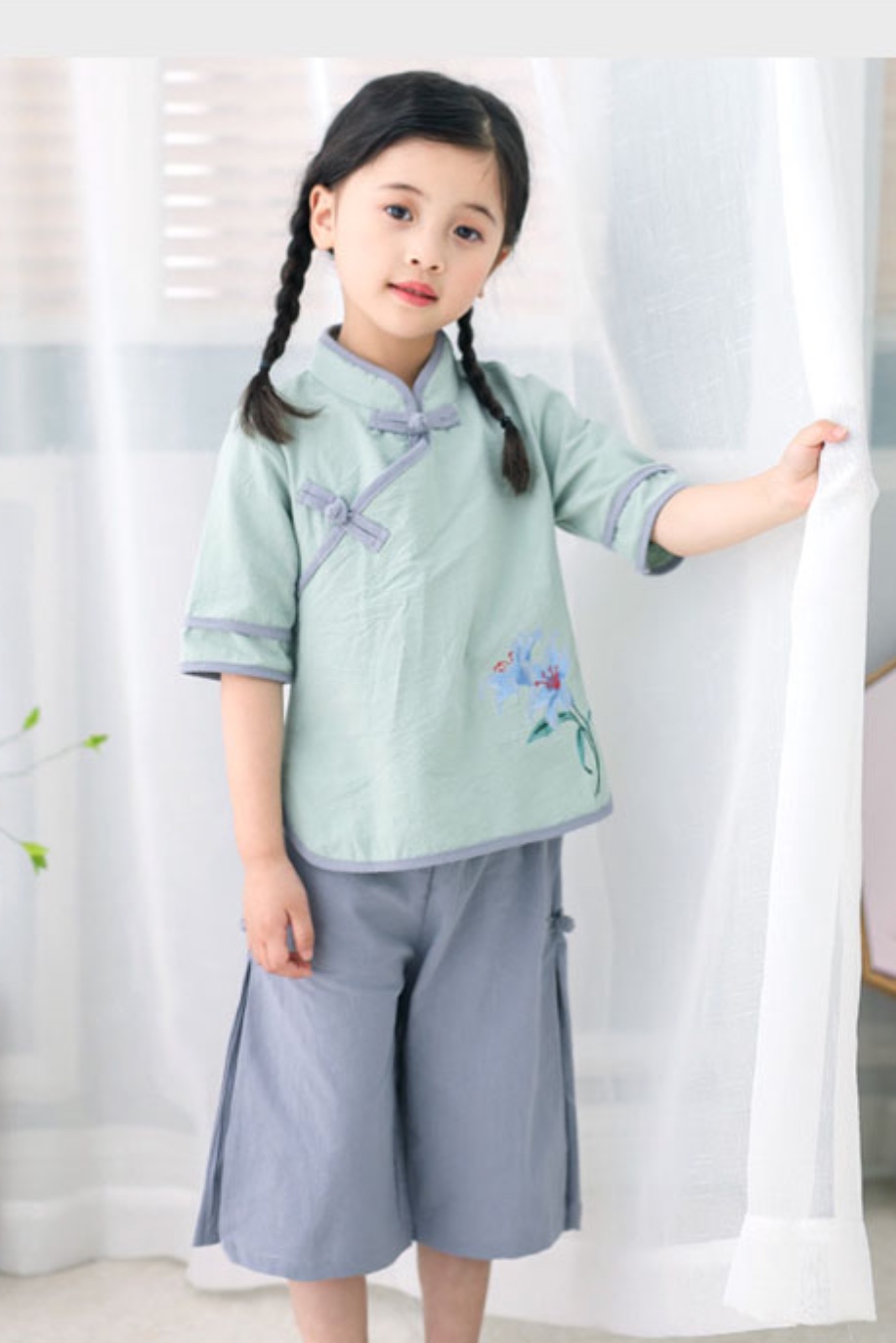 ชุดเสื้อเขียว+กางเกงเทา ผ้าฝ้าย รหัส PE 58 สินค้าพร้อมส่ง