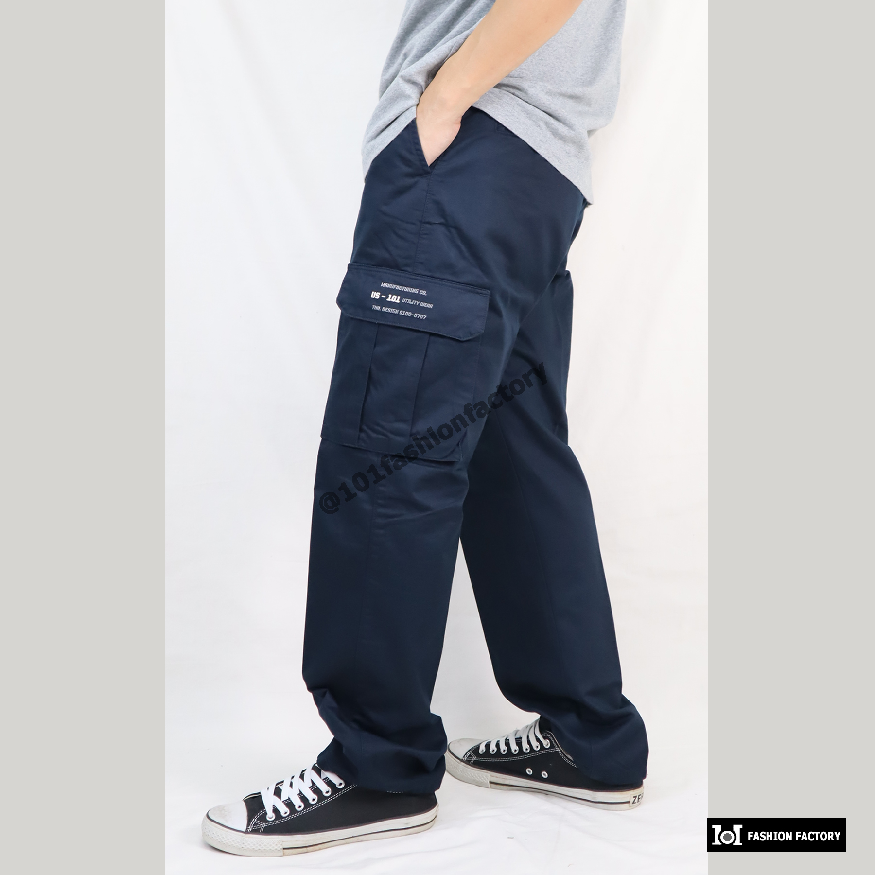 กางเกงคาร์โก้กระเป๋าข้าง NO.707/9 ขาตรงทรงหลวมกระบอกธรรมดา สีกรม | 101FashionFactory