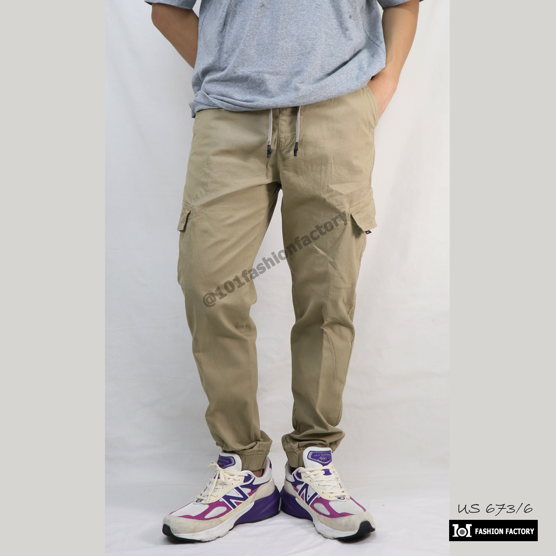 กางเกงจ็อกเกอร์คาร์โก้ No.673/6 Legular Fit เป๋าข้างผ้าทอแทยงยืด สีกากี | US101