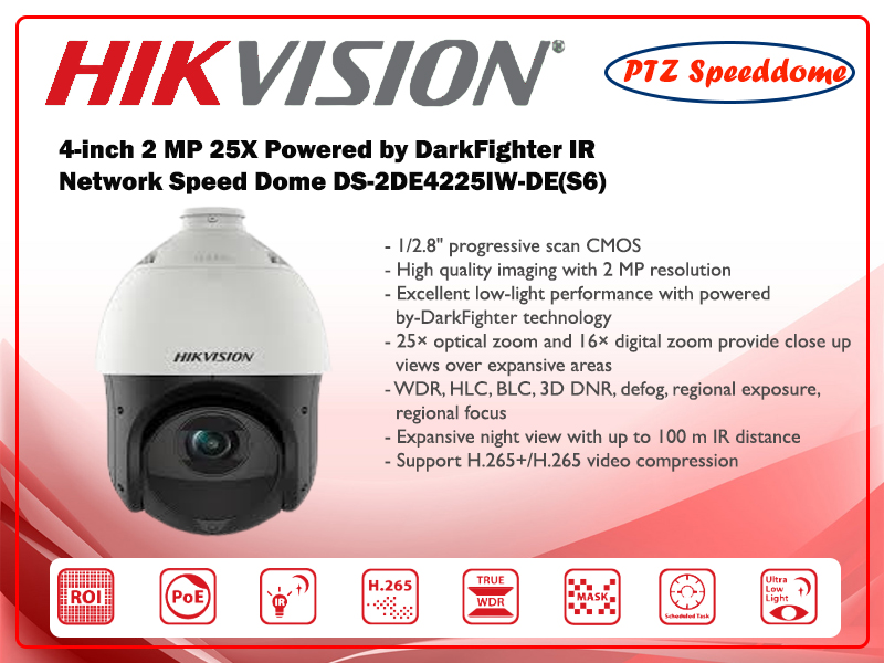 PTZ Speed dome Hikvision 4-inch 2 MP 25X Powered by DarkFighter IR Network Speed Dome รุ่น DS-2DE4225IW-DE(S6)