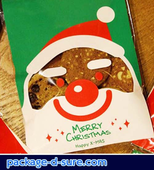 โปรโมชั่น//ถุงคุกกี้มีแถบกาว 10x10 ลายซานตาครอส สีเขียว แพ็ค 100 ใบ