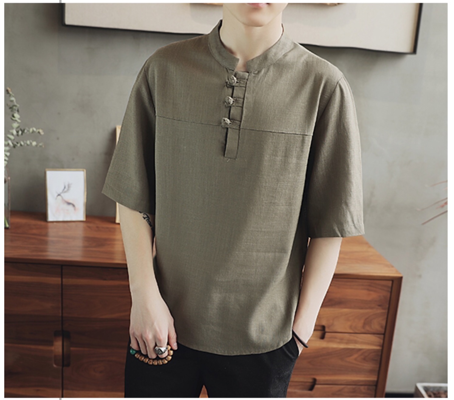 เสื้อผู้ชาย ผ้าลินิน สีน้ำตาลอ่อน รหัส FO 74 สินค้าพร้อมส่ง