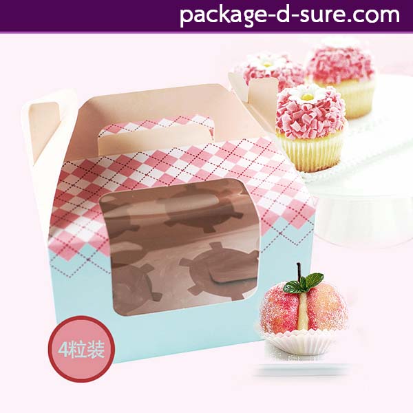 กล่องหูหิ้วคัพเค้ก 4 ชิ้น 15.5x15.5x10 สีฟ้าลายชมพู